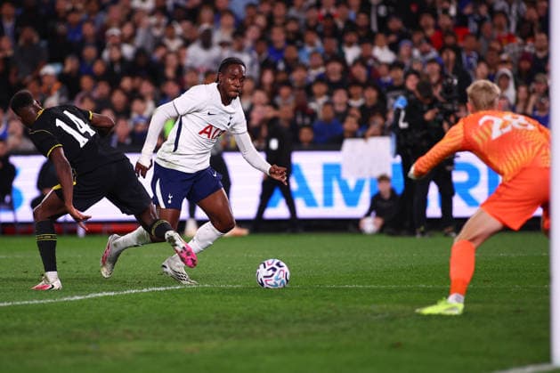 1st August 2026, Accor Stadium, Sydney, New South Wales, Australia; Friendly Football, Chelsea versus Tottenham Hotspur; Mathys Tel of Tottenham Hotspur pushes the ball past Dario Essugo of Chelsea FC KevinxManning