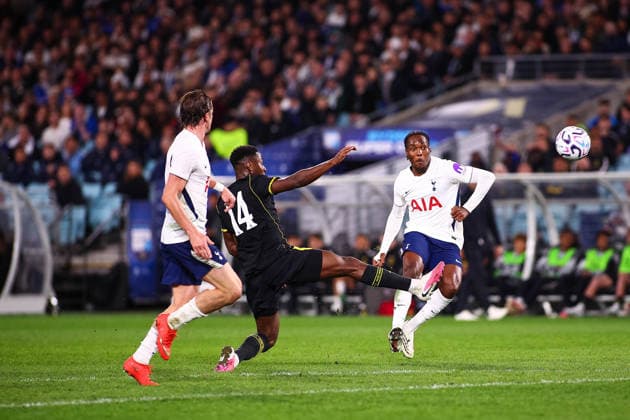1st August 2026, Accor Stadium, Sydney, New South Wales, Australia; Friendly Football, Chelsea versus Tottenham Hotspur; Mathys Tel of Tottenham Hotspur takes a shot on goal KevinxManning