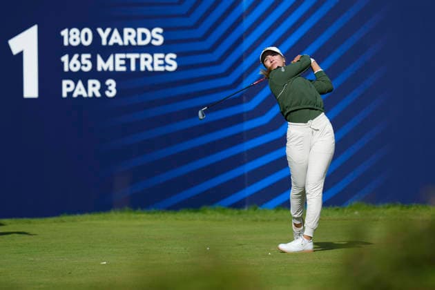 LYTHAM, ENGLAND - AUGUST 1: Carla Tejedo Mulet (ESP) plays from the first tee during Round 3 at the 50th AIG Women™s Open Championship at the Royal Lytham and St Anne™s Golf Club, Lytham on August 1, 2026 in Lancashire, England The 50th AIG Women™s Open Championship