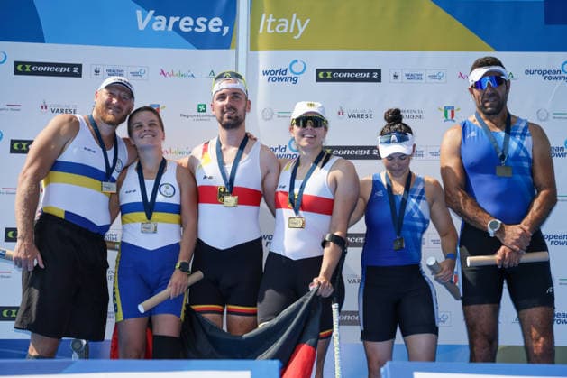 1st August 2026; Lake Varese, Varese, Lombardy, Italy; 2026 European Rowing Championships, Day Two; the medal ceremony, PR2 Mixed Double Sculls (PR2 Mix2x), Ukraine silver medallists, Germany gold medallists and Israel bronze medallists AnthonyxBenoit