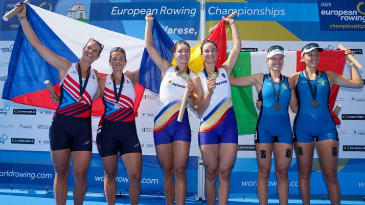 1st August 2026; Lake Varese, Varese, Lombardy, Italy; 2026 European Rowing Championships, Day Two; the medal ceremony, Women& x2019;s Pair (W2-), the Czech Republic silver medallists, Romania gold medallists and Italy bronze medallists AnthonyxBenoit