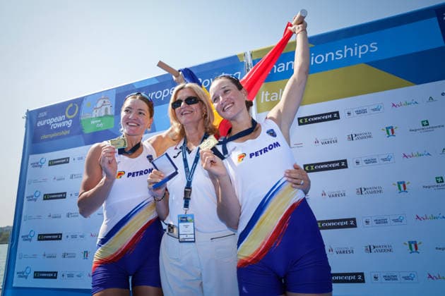 1st August 2026; Lake Varese, Varese, Lombardy, Italy; 2026 European Rowing Championships, Day Two; the medal ceremony, Women& x2019;s Pair (W2-), Romania gold medallists AnthonyxBenoit