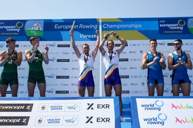 1st August 2026; Lake Varese, Varese, Lombardy, Italy; 2026 European Rowing Championships, Day Two; the medal ceremony, Men& x2019;s Pair (M2-), Lithuania silver medallists, Romania gold medallists and Italy bronze medallists AnthonyxBenoit