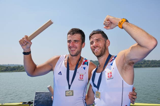 1st August 2026; Lake Varese, Varese, Lombardy, Italy; 2026 European Rowing Championships, Day Two; the medal ceremony, Men& x2019;s Double Sculls (M2x), Serbia gold medallists AnthonyxBenoit