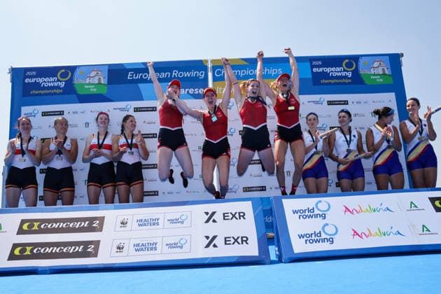 1st August 2026; Lake Varese, Varese, Lombardy, Italy; 2026 European Rowing Championships, Day Two; Women& x2019;s Quadruple Sculls (W4x), Germany silver medallists, Switzerland gold medallists and Romania bronze medallists AnthonyxBenoit