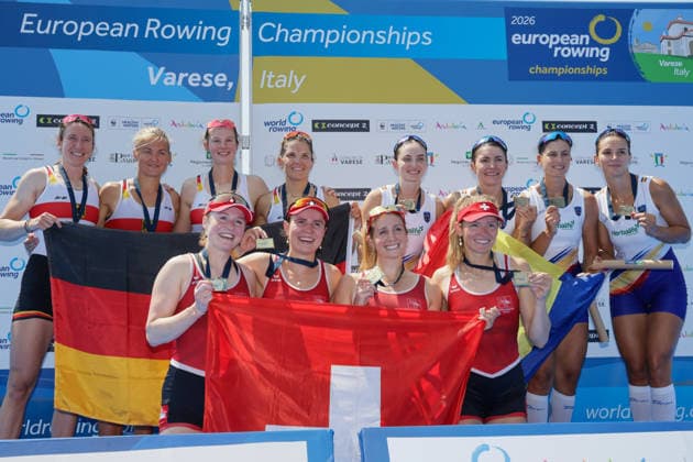 1st August 2026; Lake Varese, Varese, Lombardy, Italy; 2026 European Rowing Championships, Day Two; Women& x2019;s Quadruple Sculls (W4x), Germany silver medallists, Switzerland gold medallists and Romania bronze medallists AnthonyxBenoit
