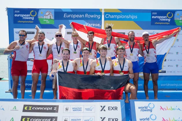 1st August 2026; Lake Varese, Varese, Lombardy, Italy; 2026 European Rowing Championships, Day Two; Men& x2019;s Quadruple Sculls (M4x), Poland silver medallists, Germany gold medallists and Croatia bronze medallists AnthonyxBenoit