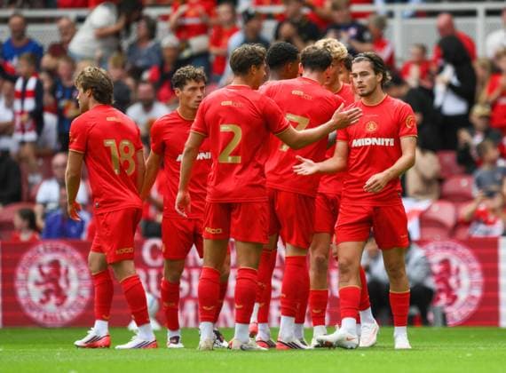 Leo Castledine of Middlesbrough celebrates scoring their first goal (left) Middlesbrough v Espanyol, Pre Season Friendly, Football, Riverside Stadium, Middlesbrough, UK - 01 Aug 2026Middlesbrough Riverside Stadium United Kingdom EDITORIAL USE ONLY No use with unauthorised audio, video, data, fixture lists, club league logos or live services. Online in-match use limited to 120 images, no video emulation. No use in betting, games or single club league player publications.  Copyright: xRichardxLee Shutterstockx 17025143r