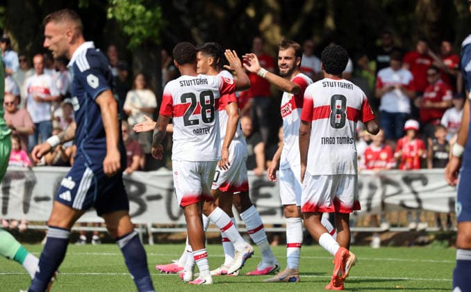 01.08.26 VfB Stuttgart - Paris FC Deutschland, Stuttgart, 01.08.2026, Fussball, Bundesliga, Saison 2026 2027, Testspiel, VfB Stuttgart - Paris FC: Jovan Milosevic (VfB Stuttgart); Jubel Tor 2:0 Milosevic. *** August 1, 2026, VfB Stuttgart vs. Paris FC, Germany, Stuttgart, August 1, 2026, Soccer, Bundesliga, 2026–2027 season, Friendly match, VfB Stuttgart vs. Paris FC, Jovan Milosevic, VfB Stuttgart, celebration, goal, 2–0, Milosevic