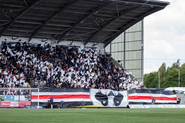 RECORD DATE NOT STATED 1st August 2026; The Falkirk Stadium, Falkirk, Scotland: Scottish Premiership Football, Falkirk versus St Mirren; St Mirren fans banner with the panda upside down VagelisxGeorgariou
