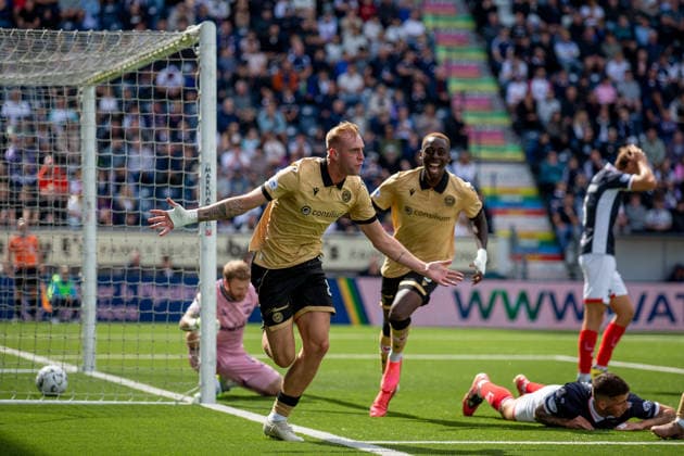 RECORD DATE NOT STATED 1st August 2026; The Falkirk Stadium, Falkirk, Scotland: Scottish Premiership Football, Falkirk versus St Mirren; Killian Phillips of St Mirren celebrates after he shoots and scores to make it 1-0 to St Mirren in the 11th minute VagelisxGeorgariou