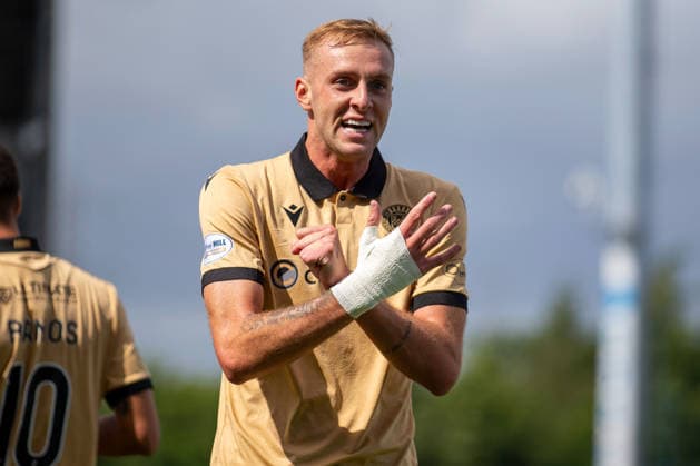 RECORD DATE NOT STATED 1st August 2026; The Falkirk Stadium, Falkirk, Scotland: Scottish Premiership Football, Falkirk versus St Mirren; Killian Phillips of St Mirren celebrates after he shoots and scores to make it 1-0 to St Mirren in the 11th minute VagelisxGeorgariou