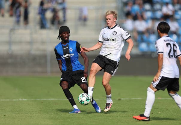 01.08.2026, Fussball Testspiel, SV Waldhof Mannheim - Eintracht Frankfurt, emspor, bespor, sespor, v.l., Jidechi Okeke (SV Waldhof Mannheim), Jonathan Burkardt (Eintracht Frankfurt) DFL DFB REGULATIONS PROHIBIT ANY USE OF PHOTOGRAPHS AS IMAGE SEQUENCES AND OR QUASI-VIDEO. xdcx *** August 1, 2026, Soccer Friendly Match, SV Waldhof Mannheim vs. Eintracht Frankfurt, emspor, bespor, sespor, v l, Jidechi Okeke (SV Waldhof Mannheim), Jonathan Burkardt, Eintracht Frankfurt. DFL and DFB regulations prohibit any use of photographs as image sequences and or quasi-video. xdcx Copyright: HMBxMedia Claus