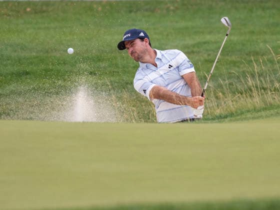DETROIT, MI - AUGUST 01: Nick Taylor (CAN) chips out of the bunker during the third round of the Rocket Classic at Detroit Golf Club on August 01, 2026, in Detroit, Michigan. (Photo by Joseph Weiser Icon Sportswire) GOLF: AUG 01 PGA, Golf Herren Rocket Classic EDITORIAL USE ONLY Icon2608010023