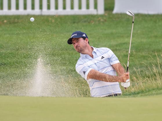 DETROIT, MI - AUGUST 01: Nick Taylor (CAN) chips out of the bunker during the third round of the Rocket Classic at Detroit Golf Club on August 01, 2026, in Detroit, Michigan. (Photo by Joseph Weiser Icon Sportswire) GOLF: AUG 01 PGA, Golf Herren Rocket Classic EDITORIAL USE ONLY Icon2608010033