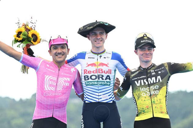 01-08-2026 Clasica San Sebastian; 2026, Red Bull - Bora Hansgrohe; 2026, Ef Education - Easypost; 2026, Visma - Lease A Bike; Evenepoel, Remco; Carapaz Antonio, Richard Antonio; Tulett, Ben; San Sebastian; 