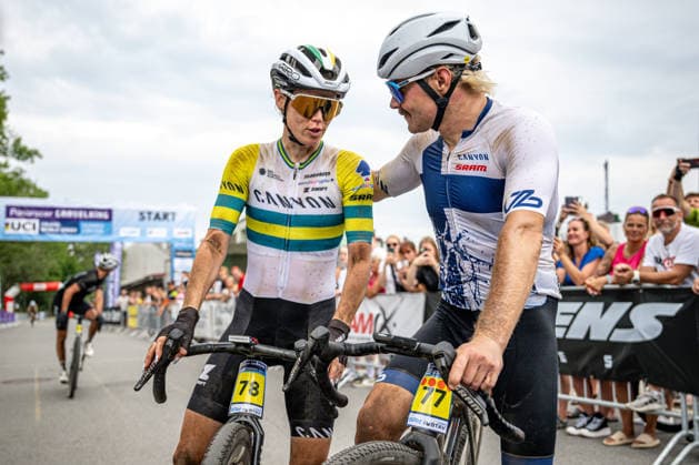 Australian cyclist Tiffany Cromwell (left) and Finnish Formula 1 driver Valtteri Bottas at the finish line of the World Cycling Series race in the gravel discipline, Hlinsko, Chrudim district, Pardubice Region, August 1st, 2026. They are a couple. (CTKxPhoto DavidxTanecek) CTKPhotoP2026080103734  CTKPhotoP2026080103734