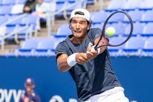 August 1, 2026, Montreal, Quebec, Canada: HENRIQUE ROCHA from Portugal back hand in is match against Martin Damm from USA in qualifying round at Canadian Open at IGA stadium in Montreal, Quebec, Canada on 2026-08-01 Montreal Canada - ZUMAl189 20260801_zsp_l189_004 Copyright: xYannickxLegarex