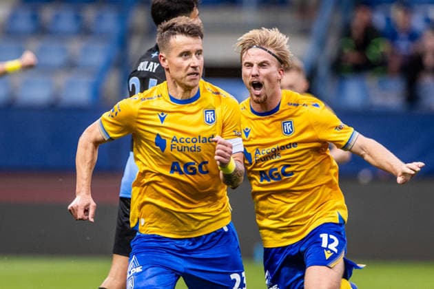 LIBEREC - TEPLICE Lukas Marecek, Marcel Cermak of Teplice celebrate a goal during the 2nd round of Chance liga football match between FC Slovan Liberec and FK Teplice. Stadion U Nisy, Liberec, Czechia, August 01, 2026. Photo by Branislav Racko Copyright: xx 080A3241
