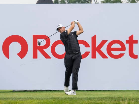 DETROIT, MI - AUGUST 01: Rasmus Hojgaard drives off the the 18th tee box during the third round of the Rocket Classic at Detroit Golf Club on August 01, 2026, in Detroit, Michigan. (Photo by Joseph Weiser Icon Sportswire) GOLF: AUG 01 PGA, Golf Herren Rocket Classic EDITORIAL USE ONLY Icon2608010173