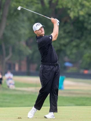 DETROIT, MI - AUGUST 01: Rasmus Hojgaard hits the ball on 18th fairway during the third round of the Rocket Classic at Detroit Golf Club on August 01, 2026, in Detroit, Michigan. (Photo by Joseph Weiser Icon Sportswire) GOLF: AUG 01 PGA, Golf Herren Rocket Classic EDITORIAL USE ONLY Icon2608010203
