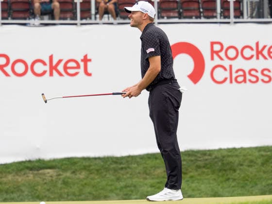 DETROIT, MI - AUGUST 01: Rasmus Hojgaard reacts after putting on the 18th green during the third round of the Rocket Classic at Detroit Golf Club on August 01, 2026, in Detroit, Michigan. (Photo by Joseph Weiser Icon Sportswire) GOLF: AUG 01 PGA, Golf Herren Rocket Classic EDITORIAL USE ONLY Icon2608010253