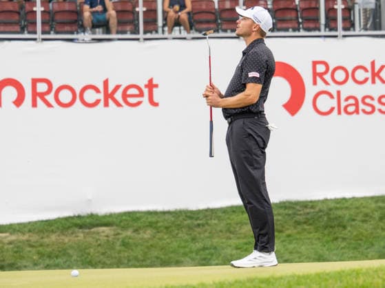 DETROIT, MI - AUGUST 01: Rasmus Hojgaard reacts after putting on the 18th green during the third round of the Rocket Classic at Detroit Golf Club on August 01, 2026, in Detroit, Michigan. (Photo by Joseph Weiser Icon Sportswire) GOLF: AUG 01 PGA, Golf Herren Rocket Classic EDITORIAL USE ONLY Icon2608010263