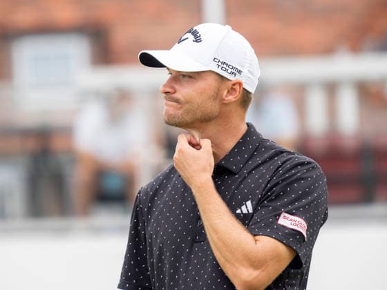DETROIT, MI - AUGUST 01: Rasmus Hojgaard reacts after putting on the 18th green during the third round of the Rocket Classic at Detroit Golf Club on August 01, 2026, in Detroit, Michigan. (Photo by Joseph Weiser Icon Sportswire) GOLF: AUG 01 PGA, Golf Herren Rocket Classic EDITORIAL USE ONLY Icon2608010273