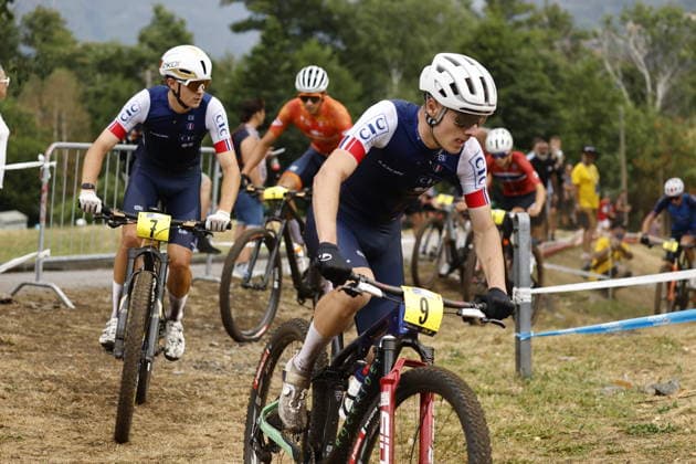01.08.2026, Monteceneri, Monte Ceneri, 2026 UEC MTB European Championship, EM, Europameisterschaft XCO Men U23 s Final (cross country olympic) Alix Andre Gallis 9 (FRA), NaÃ«l Rouffiac 7 (FRA) and Rens Teunissen Van Manen 4 (NED) Monteceneri Monte Ceneri Ticino Switzerland *** August 1, 2026, Monteceneri, Monte Ceneri, 2026 UEC MTB European Championship XCO Men U23 Final, Cross Country Olympic: Alix Andre Gallis 9 FRA, Naël Rouffiac 7 FRA, and Rens Teunissen Van Manen 4 NED; Monteceneri, Monte Ceneri, Ticino, Switzerland Copyright: xJustPictures.ch FrancescoxMinghettix jp-en-FrMi-_NG_0010