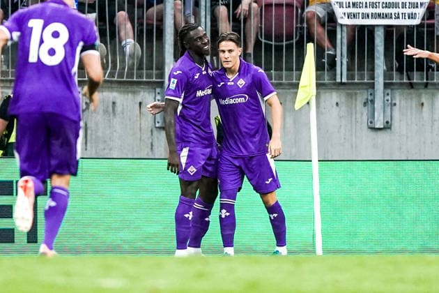 Fussball: Österreich: Internationales Testspiel 2026 2027 - 01.08.2026 - Real Madrid CF vs. ACF Fiorentina - Wörthersee Stadion (Klagenfurt, Österreich); Moise Bioty Kean (Fiorentina) bejubelt sein Tor zum 2-2 *** Soccer Austria International Friendly 2026 2027 01 08 2026 Real Madrid CF vs. ACF Fiorentina Wörthersee Stadium, Klagenfurt, Austria Moise Bioty Kean of Fiorentina celebrates his goal to make it 2–2 Copyright: xLUKAxKOLANOVICx