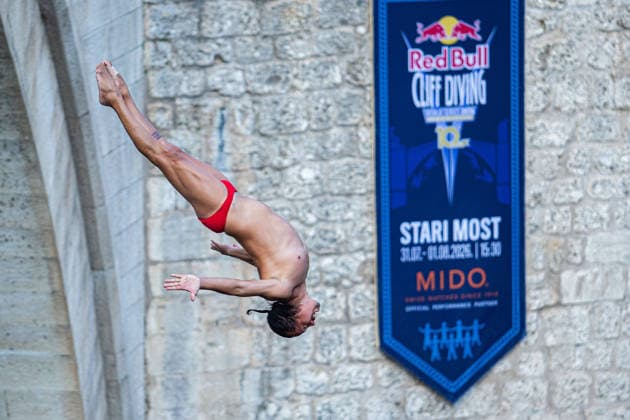 Red Bull Cliff Diving spectacle draws thousands of spectators to Mostar MOSTAR, BOSNIA AND HERZEGOVINA - AUGUST 01: The world s top cliff divers gather in Mostar, Bosnia and Herzegovina for the Red Bull Cliff Diving World Series, held at the iconic Old Bridge, one of the country s most recognizable landmarks on August 01, 2026. Athletes performed dives from heights of 27 meters for men and 21 meters for women, showcasing exceptional precision, technique and courage before thousands of spectators lining the banks of the Neretva River and the city s historic Old Town. Mostar is once again hosting one of the most spectacular events in the world of extreme sports, bringing together the world s best cliff divers while attracting thousands of local and international visitors. Denis Zuberi Anadolu Mostar Bosnia and Herzegovina. Editorial use only. Please get in touch for any other usage.  Copyright: x2026xAnadoluxDenisxZuberix