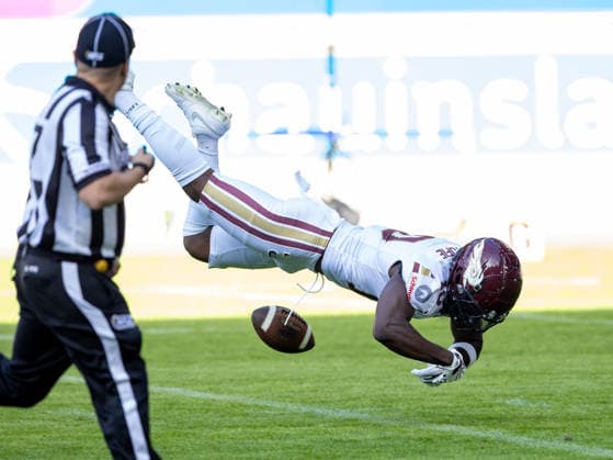 Miss catch from 10 Harlan Kwofie (Wide Receiver) Rhein Fire Rhein Fire vs Alpine Rams, American Football, American Football League Europe, Week 11, 2026, 01.08.2026, Duisburg Schauinsland-Reisen-Arena Germany Copyright: xPFA ChristopherxMettkenx