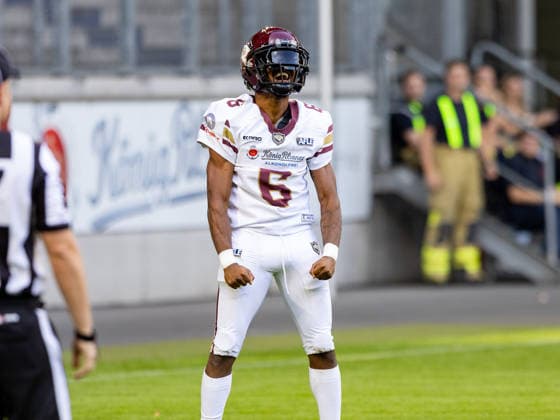 6 Kaylon Geiger (Wide Receiver) Rhein Fire touchdown celebration. Rhein Fire vs Alpine Rams, American Football, American Football League Europe, Week 11, 2026, 01.08.2026, Duisburg Schauinsland-Reisen-Arena Germany Copyright: xPFA ChristopherxMettkenx