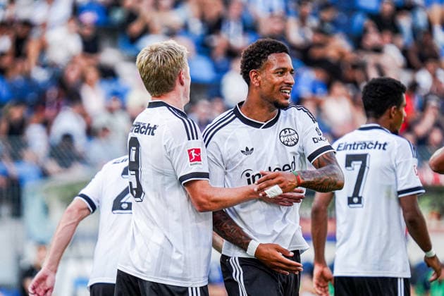 Deutschland: Fussball 2026 2027 , Testspiel , Freundschaftsspiel - SV Waldhof Mannheim vs. SG Einracht Frankfurt - Carl-Benz-Stadion (Mannheim) : Jonathan Burkardt (Eintracht Frankfurt, 9) und Jeremiaha Maluzu (Eintracht Frankfurt, 37) Mimik, Gesichtsausdruck, Emotion, Tor und Torjubel zum 0:1 Mannheim Carl-Benz-Stadion Deutschland *** German Soccer 2026 2027, Exhibition Match, Friendly Match: SV Waldhof Mannheim vs. SG Eintracht Frankfurt at Carl Benz Stadium, Mannheim; Jonathan Burkardt (Eintracht Frankfurt, 9) and Jeremiaha Maluzu (Eintracht Frankfurt, 37); facial expressions, emotions, goal, and goal celebration for the 0–1 score at Carl Benz Stadium, Mannheim, Germany Copyright: xBennetxLongx