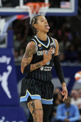 CHICAGO, USA - August 1: Natasha Cloud (9 Chicago Sky) celebrates a three pointer during the game between the Chicago Sky and Las Vegas Aces at the United Center on Saturday, August 1 in Chicago, USA  Copyright: xShainaxBenhiyoun SPPx Sportspressphoto_SPR199007