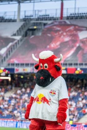 SOCCER - BL, RBS vs Hartberg SALZBURG,AUSTRIA,01.AUG.26 - SOCCER - ADMIRAL Bundesliga, Red Bull Salzburg vs TSV Hartberg. Image shows the mascot of team Salzburg.  GEPAxpictures xWolfgangxKofler