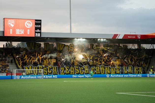 BERN, BERN, SWITZERLAND - AUGUST 1: BSC Young Boys supporters display their choreography during the Brack Super League match between FC Thun and BSC Young Boys at Stockhorn Arena on August 1, 2026 in Bern, Bern, Switzerland.  Copyright: xLivioxBaeriswylx xSPPx Sportspressphoto_SPR199010