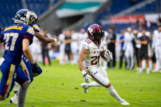 28 TJ Alexander (Running Back) Rhein Fire run with the ball Rhein Fire vs Alpine Rams, American Football, American Football League Europe, Week 11, 2026, 01.08.2026, Duisburg Schauinsland-Reisen-Arena Germany Copyright: xPFA ChristopherxMettkenx