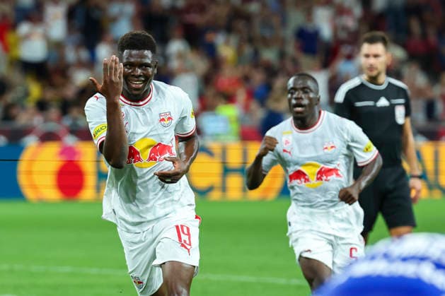 SOCCER - BL, RBS vs Hartberg SALZBURG,AUSTRIA,01.AUG.26 - SOCCER - ADMIRAL Bundesliga, Red Bull Salzburg vs TSV Hartberg. Image shows the rejoicing of scorer Karim Konate (RBS).  GEPAxpictures xDavidxGeieregger