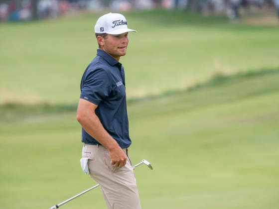 DETROIT, MI - AUGUST 01: Michael Brennan (USA) reacts after putting the ball during the third round of the Rocket Classic at Detroit Golf Club on August 01, 2026, in Detroit, Michigan. (Photo by Joseph Weiser Icon Sportswire) GOLF: AUG 01 PGA, Golf Herren Rocket Classic EDITORIAL USE ONLY Icon2608010433