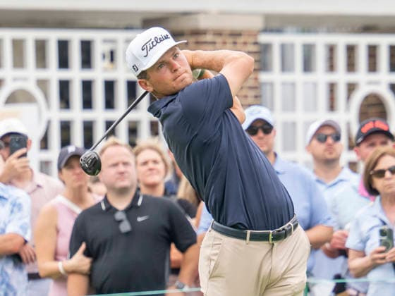 DETROIT, MI - AUGUST 01: Michael Brennan (USA) drives the ball during the third round of the Rocket Classic at Detroit Golf Club on August 01, 2026, in Detroit, Michigan. (Photo by Joseph Weiser Icon Sportswire) GOLF: AUG 01 PGA, Golf Herren Rocket Classic EDITORIAL USE ONLY Icon2608010443