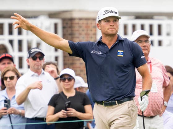 DETROIT, MI - AUGUST 01: Michael Brennan (USA) reacts after hitting the ball during the third round of the Rocket Classic at Detroit Golf Club on August 01, 2026, in Detroit, Michigan. (Photo by Joseph Weiser Icon Sportswire) GOLF: AUG 01 PGA, Golf Herren Rocket Classic EDITORIAL USE ONLY Icon2608010453