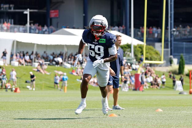 FOXBOROUGH, MA - AUGUST 01: New England Patriots linebacker Khalil Jacobs (59) participate in drills during training camp on August 1, 2026, at Gillette Stadium in Foxborough, MA. (Photo by M. Anthony Nesmith Icon Sportswire) NFL, American Football Herren, USA AUG 01 New England Patriots Training Camp EDITORIAL USE ONLY Icon26080116