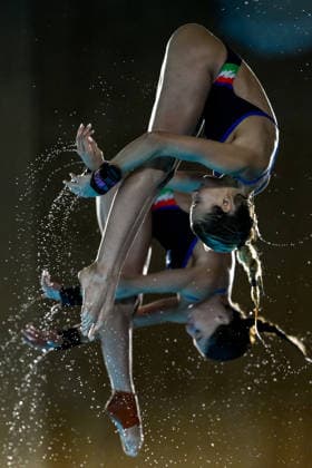 Matilde Marzetti, Irene Pesce of Italy compete in the diving 10m Platform Synchro Women Final during the European Aquatics Championships at the Olympic Aquatic Center in Paris (France), August 1, 2026. Andrea Staccioli