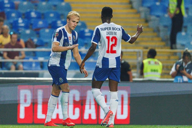 Victor Froholdt seen celebrating goal with Zaidu Sanusi during Supertaca Portugal 2026 game between teams of FC Porto and UD Torreense (Maciej Rogowski Ball Raw Images PT) Coimbra Estadio Cidade de Coimbra Portugal Copyright: xMaciejxRogowskix maciejrogowski_porto_torreense_2627_4543