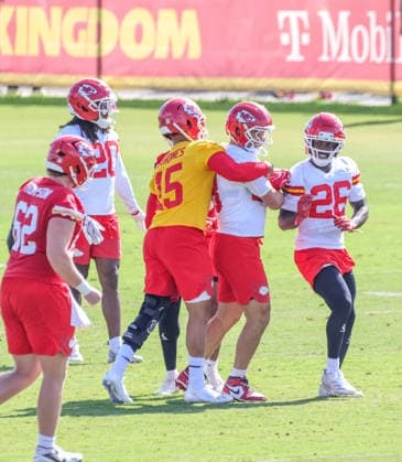 AUGUST 1, 2026: Kansas City Chiefs quarterback Patrick MahomesÃ‚ reacts towards Kansas City Chiefs linebacker Drue Tranquill during practice at Chiefs training camp in St. Joseph, MO. CSM St. Joseph United States - ZUMAc04_ 20260801_zma_c04_084 Copyright: xRomanxPunox