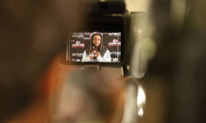 AUGUST 1, 2026: Kansas City Chiefs defensive back Nohl Williams answers questions from the media after practice at Chiefs training camp in St. Joseph, MO. CSM St. Joseph United States - ZUMAc04_ 20260801_zma_c04_073 Copyright: xRomanxPunox