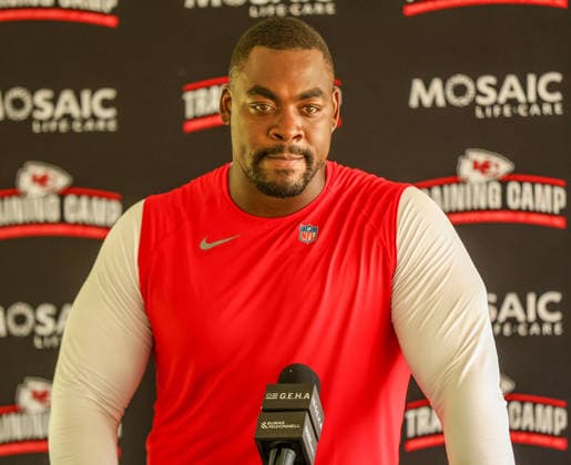 AUGUST 1, 2026: Kansas City Chiefs defensive tackle Chris Jones answers questions from the media after practice at Chiefs training camp in St. Joseph, MO. CSM St. Joseph United States - ZUMAc04_ 20260801_zma_c04_069 Copyright: xRomanxPunox