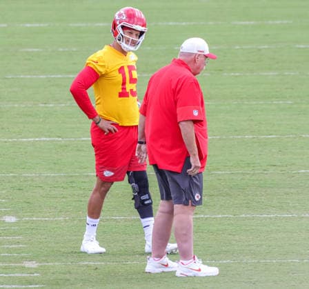 AUGUST 1, 2026: Kansas City Chiefs quarterback Patrick MahomesÃ‚ reacts to head coach Andy Reid during practice at Chiefs training camp in St. Joseph, MO. CSM St. Joseph United States - ZUMAc04_ 20260801_zma_c04_023 Copyright: xRomanxPunox