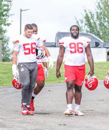 AUGUST 1, 2026: Kansas City Chiefs defensive end George Karlaftis and Kansas City Chiefs defensive tackle Cole Brevard walks down the hill towards the field at Chiefs training camp in St. Joseph, MO. CSM St. Joseph United States - ZUMAc04_ 20260801_zma_c04_049 Copyright: xRomanxPunox